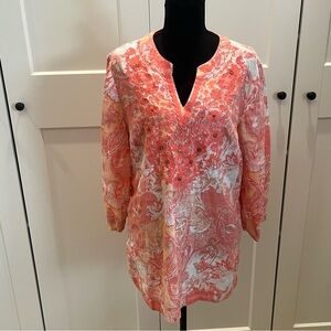 Charter Club Coral and Cream Linen Tunic with Embroidery Detail